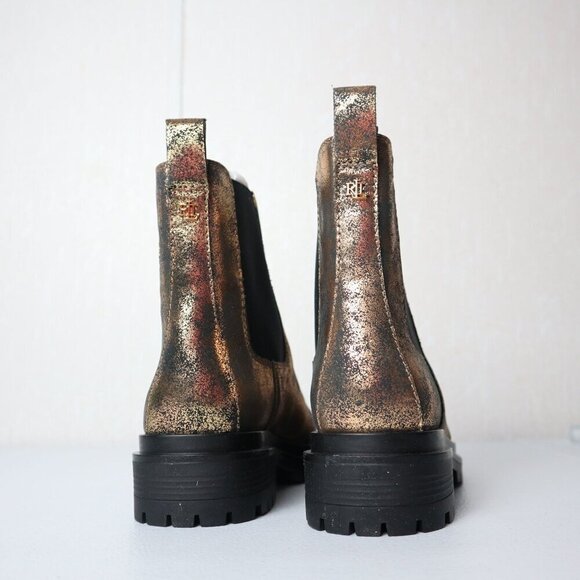 LAUREN RALPH LAUREN Gold Distressed Lug Sole Goring Corinne  Block Heel Booties - Picture 6 of 12